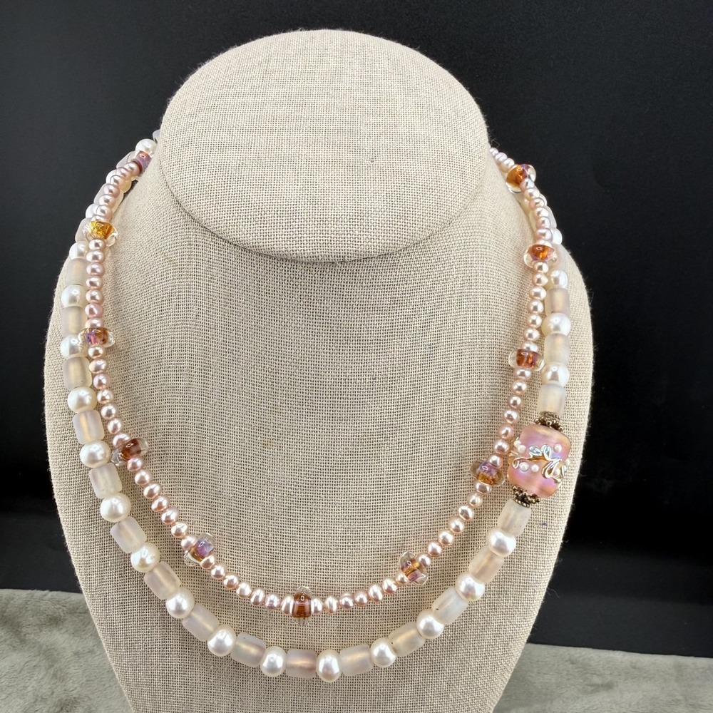 Beaded Glass Necklace Pink Gold Filled Clasp Layered Prom Formal 18”